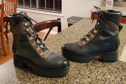 New Women's Michael Kors Khloe Boots Black Leather Combat Lace Up Zip 8.5 Sexy