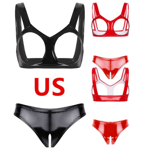 Women Bra Tops with Briefs 2Pcs Hollow Out Wetlook Pvc Leather Lingerie Sets - Picture 1 of 27