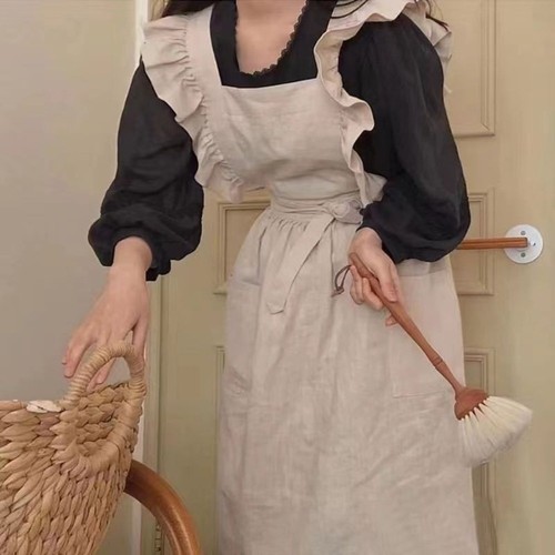 Adjustable Cotton Linen Pinafore Retro Ruffle Trim Apron Barista Apron Kitchen - Picture 4 of 14