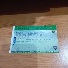 Ticket : 2004/2005 28/8/2004 Premier Norwich City v Arsenal