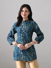 Indian Women BEAUTIFUL Cotton Blue Floral Printed Kurta Kurti Top Tunic Dress
