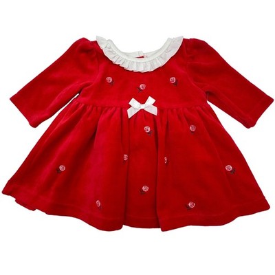 Little Me Baby Girls 3M Red Velour Dress Embroidered Roses White Ruffles Bow