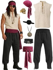 Men's Pirate Costume Set - 8PCS Renaissance Outfit, Sleeveless Shirt, Pants, Sas