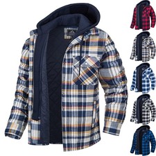 Men's Plaid Hooded Coat Winter Warm Button Zip-up Jacket Fashion Casual Thick