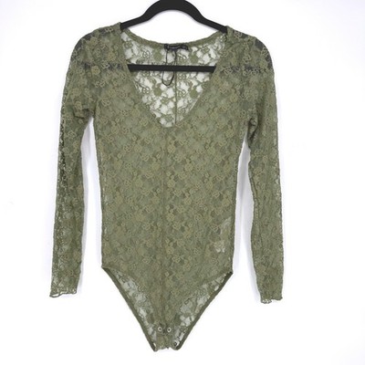 STRADIVARIUS Olive Green Lace Long Sleeve V Neck Bodysuit M Stretch Sheer Layer