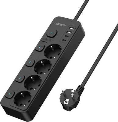 JSVER Steckdosenleiste Einzeln Schaltbar,Mehrfachsteckdose 4 Fach mit 2 USB A,2