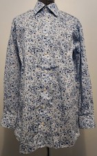 Eton Flowers Print Cotton White/Blue Button Long Sleeve 41/16 Shirt Size Large