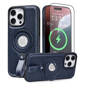 BUTAIGA Magnetic Ring Grip Holder for iPhone 14 Pro Case LeatherBlue, blue 6.1