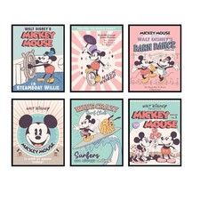 Unframed Mickey Mouse Art Set of 6 - 8x10 Vintage Disney Wall Decor