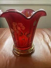 Fenton 100th Anniversary FOUNDERS VASE & Base Hand Painted Ruby Red Glass Signed