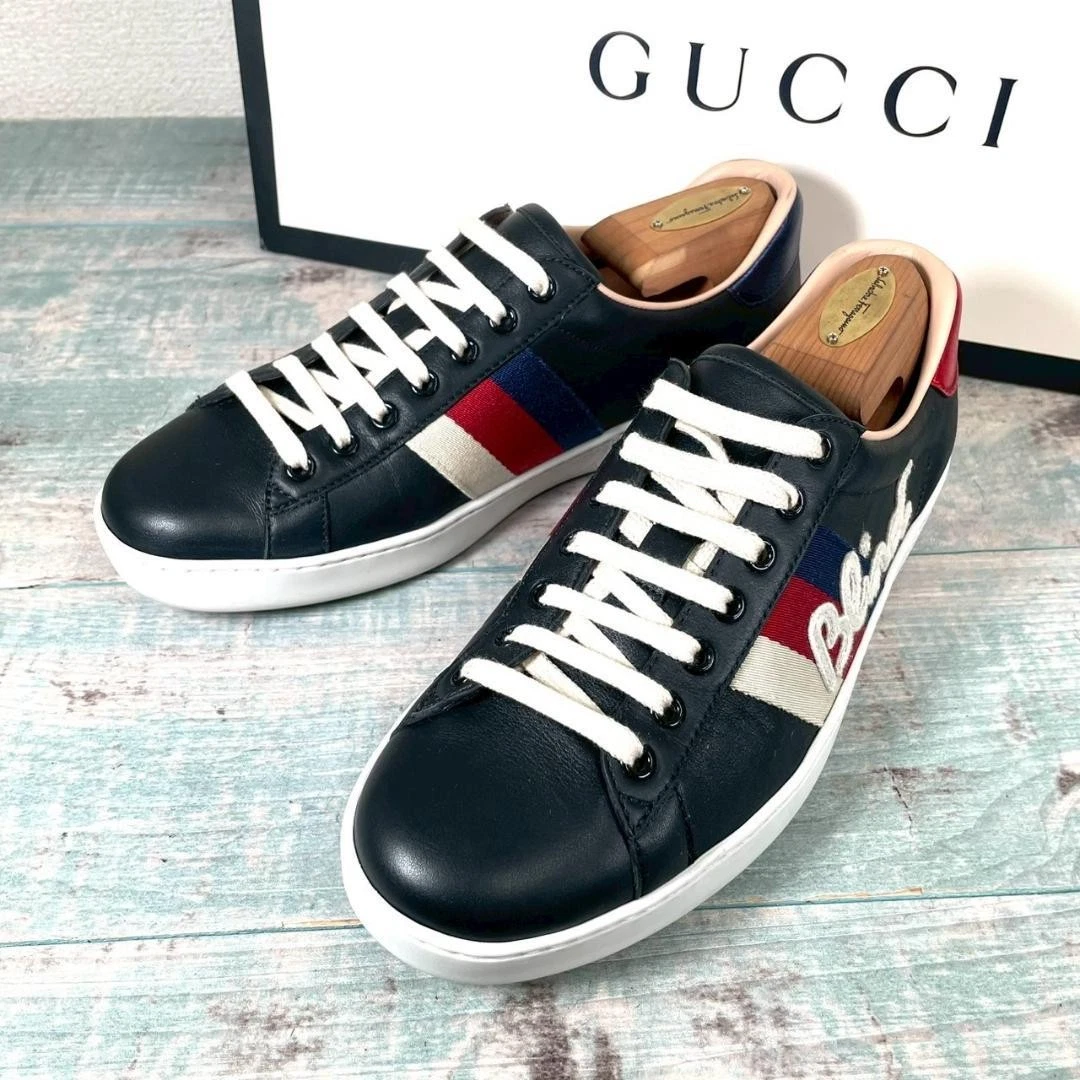 Auth GUCCI Baskets Homme Noir Dentelle Taille 40 US6,5 Cuir Sherry Line Logo