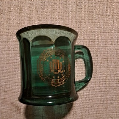  Department Of Justice FBI Green Glass With Gold, 1 pc. Trim Mugs Made In USA