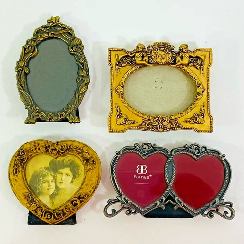 Lot of 4 Vintage Petite Photo Frames Gilded Wood Metal Baroque Romantic Hearts