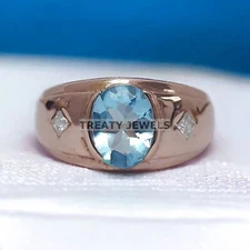 Aquamarine Oval Cut With 925 Sterling Silver Gold Plated Ring For Men's #184 *