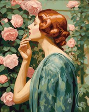 Woman Enchanted by the Fragrance of Roses - Printed Needlepoint Canvas