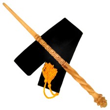 16" Hand Carved Almond Wood Mad-Eye Magic Wand Wizard Witch Wicca w/Velvet Bag