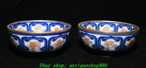 3,5" Qing Kangxi blau weiß rot Porzellan Gold 8 glückverheißende Symbole Tasse Becher Paar