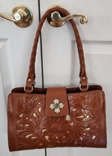 Patricia Nash Rosina Tooled Leather Metallic Gold Cutout Burnished Satchel Bag