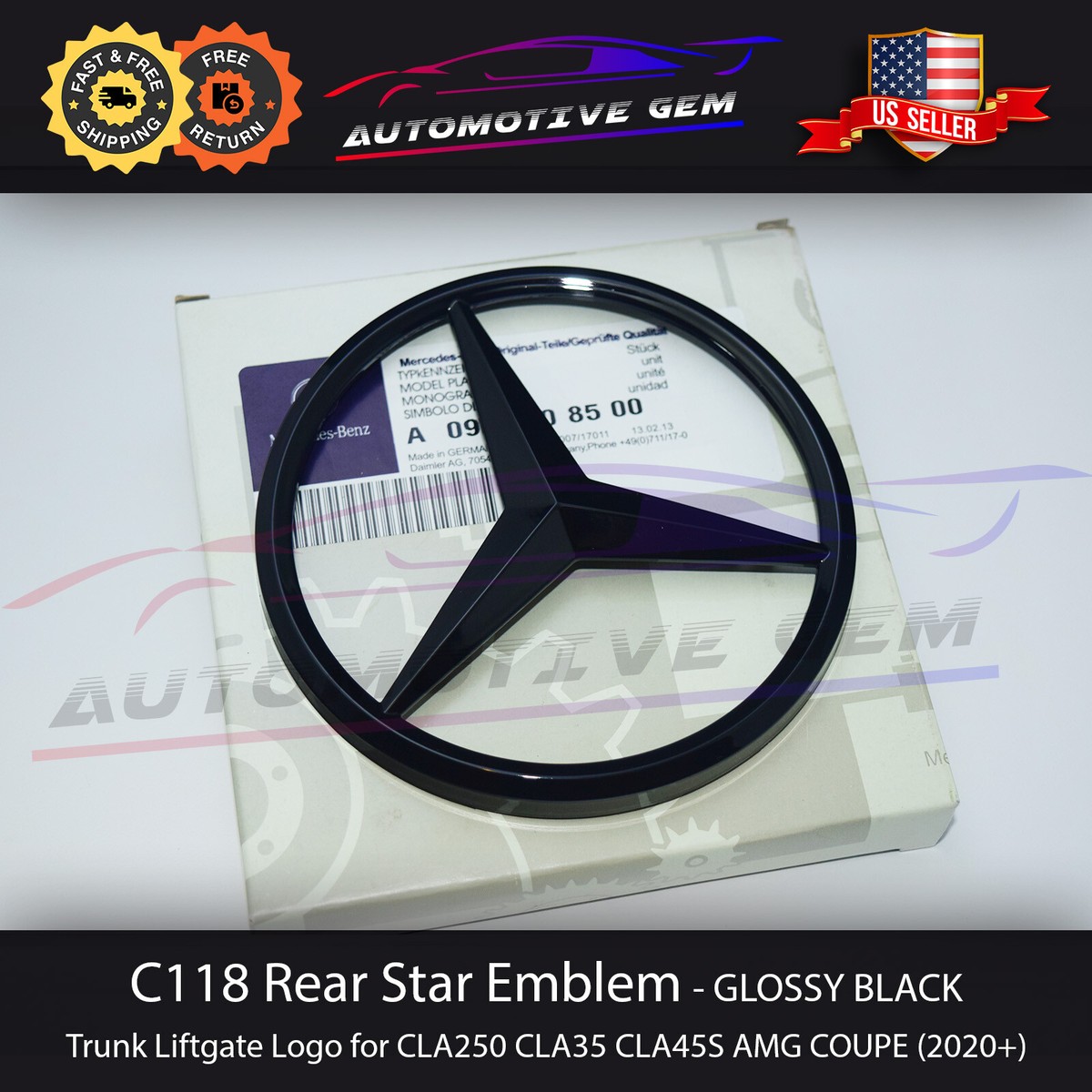 ベンツ CLA45S AMG エンブレム C118 マットブラック　艶消し黒 C118 CLA35 Mercedes GLOSS BLACK Star Emblem Rear Trunk Lid