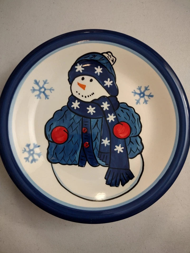 Libbey Snowman 8" Plates Salad Luncheon Ceramic Christmas Winter Blue Snowflake - Image 4 of 4