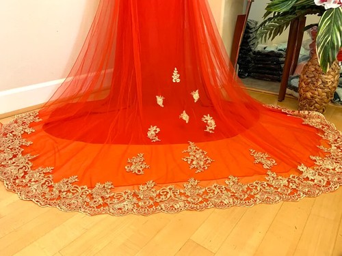 Red Ao Dai VietnameseTraditional Wedding Dress with Gold Embroidery and Train - Picture 5 of 15