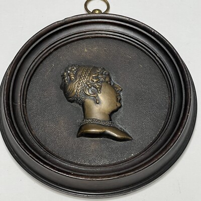 Antique Cast Bronze Queen Victoria Framed Plaque Bas Relief Profile Woman