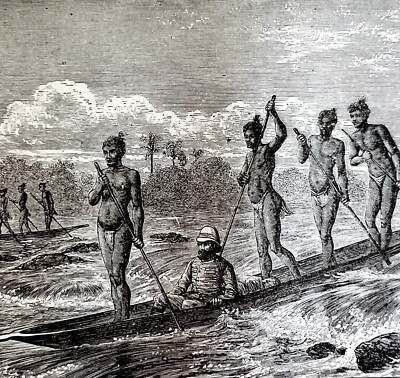 #ad Tribal Canoe Zambesi Rapids 1890 Engraving Victorian Stanley In Africa DWAA2E $22.49