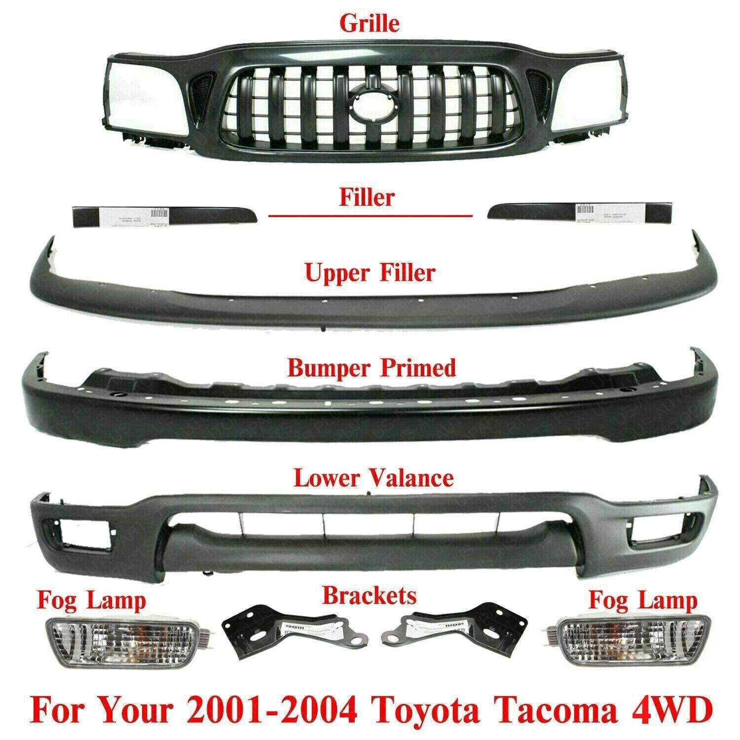 Front Bumper Primed Steel + Grille Kit With Brackets For 20012004 Toyota eBay