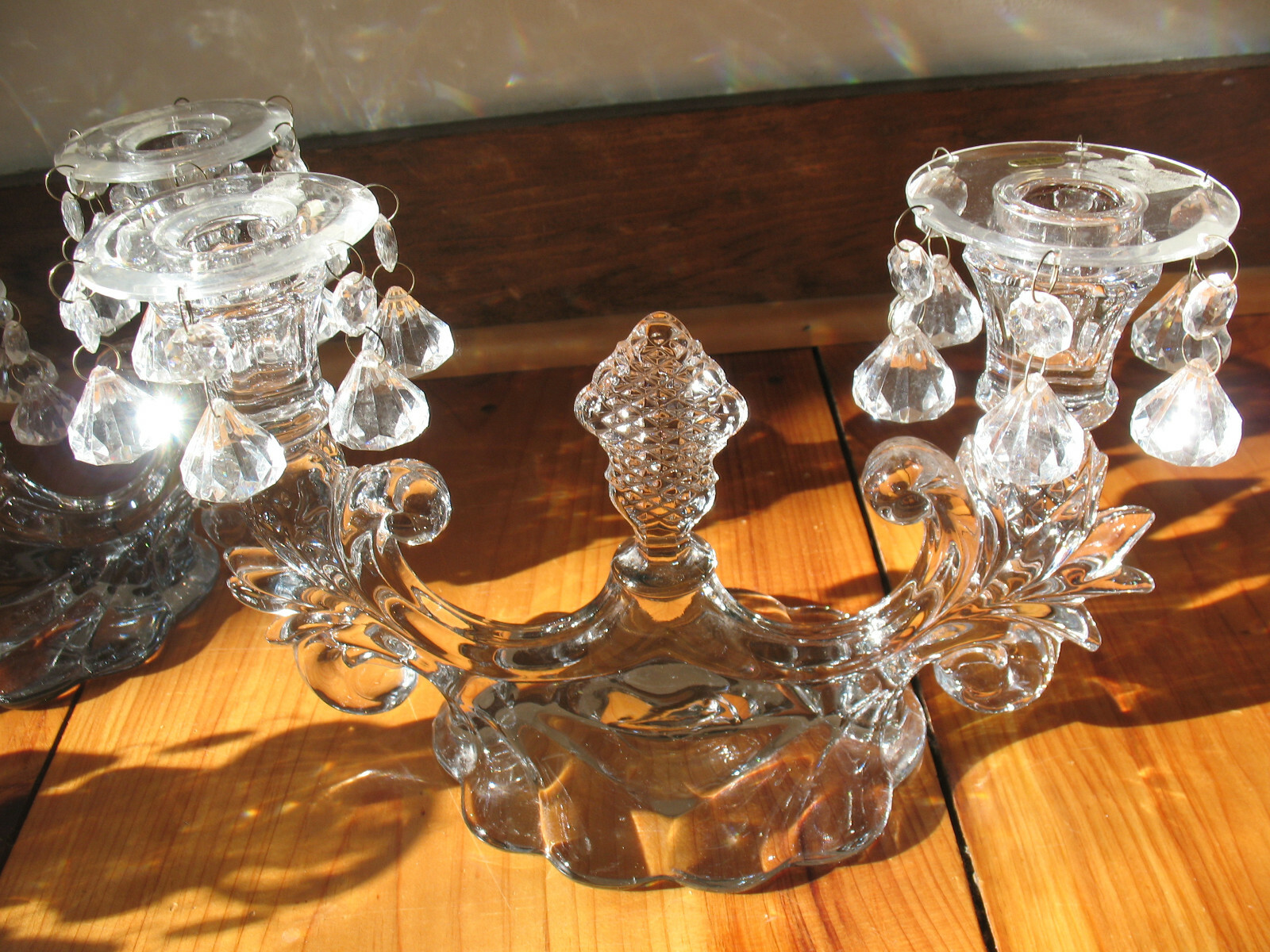 3 Cambridge Caprice Candle Stick Holders Candelabras Glass & Bobeche