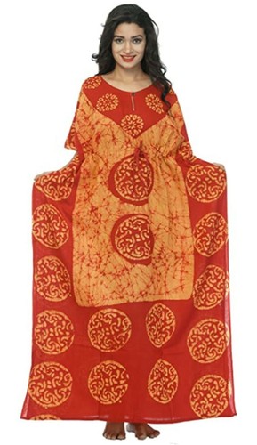 Women's Cotton Batik Caftan Yellow Red Assorted Print Long Bohemian Kaftan - 第 3/7 張圖片