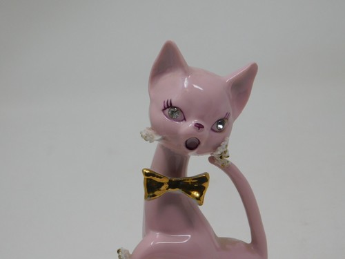 Estatuilla jarrón espagueti gato gatito estrás rosa Lefton años 50 Kitsch MGM - Imagen 3 de 8