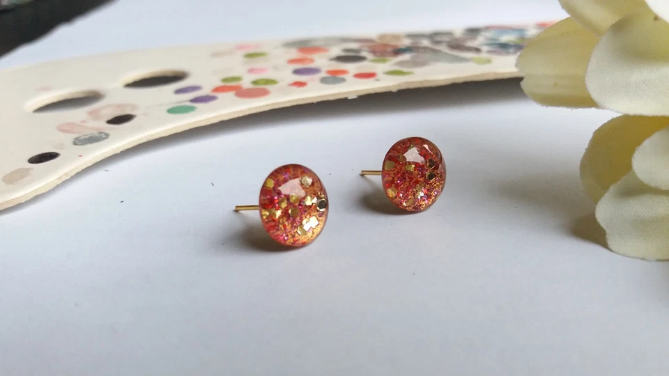 Ohrstecker Orange Gold Rot Pink Glitzer Bollywood Festlich Handgemacht Ohrring40 - Bild 3 von 4