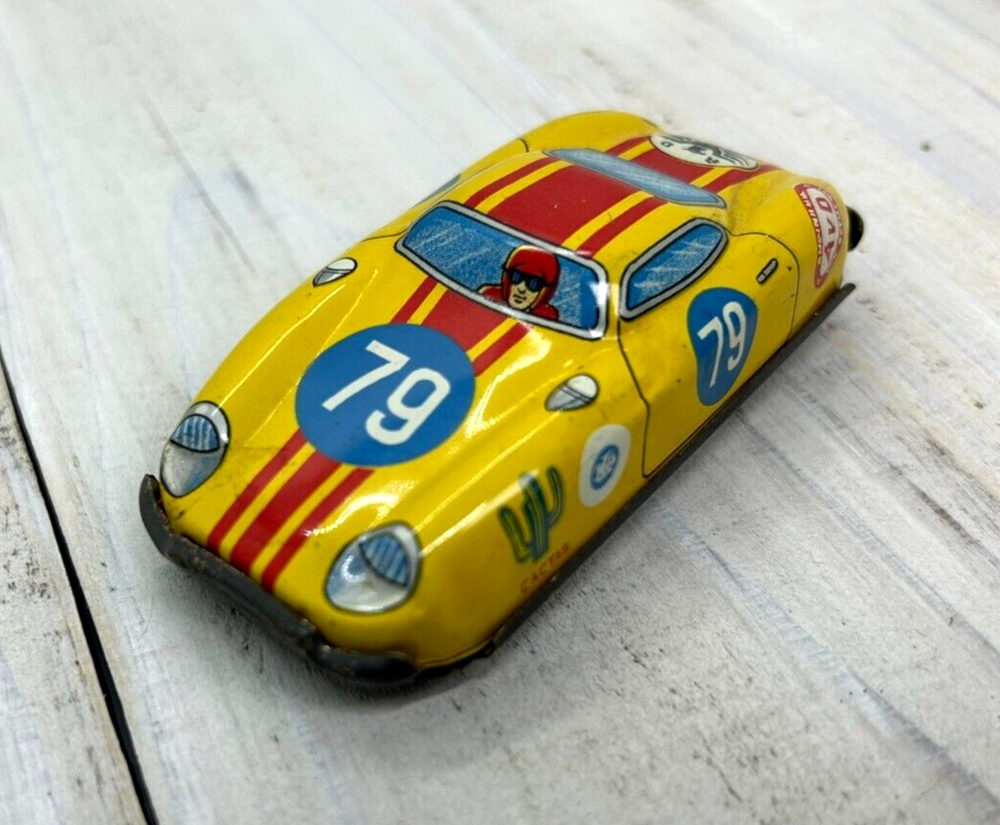 Vintage Tin Toy Race Car Yellow 1960s Kokyu Shokai Made in Japan