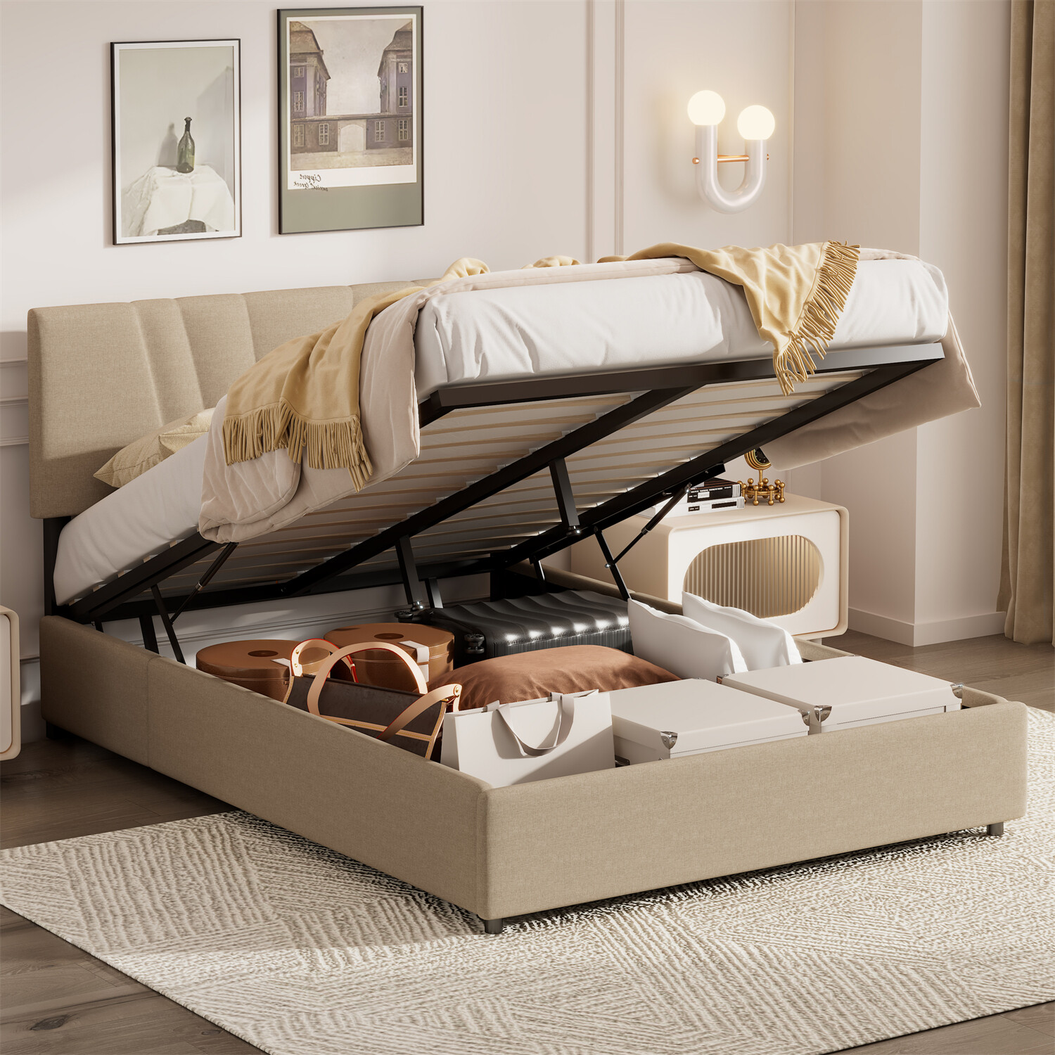 Full/Queen Size Bed Frame Platform Bed with Hydraulic Storage System New