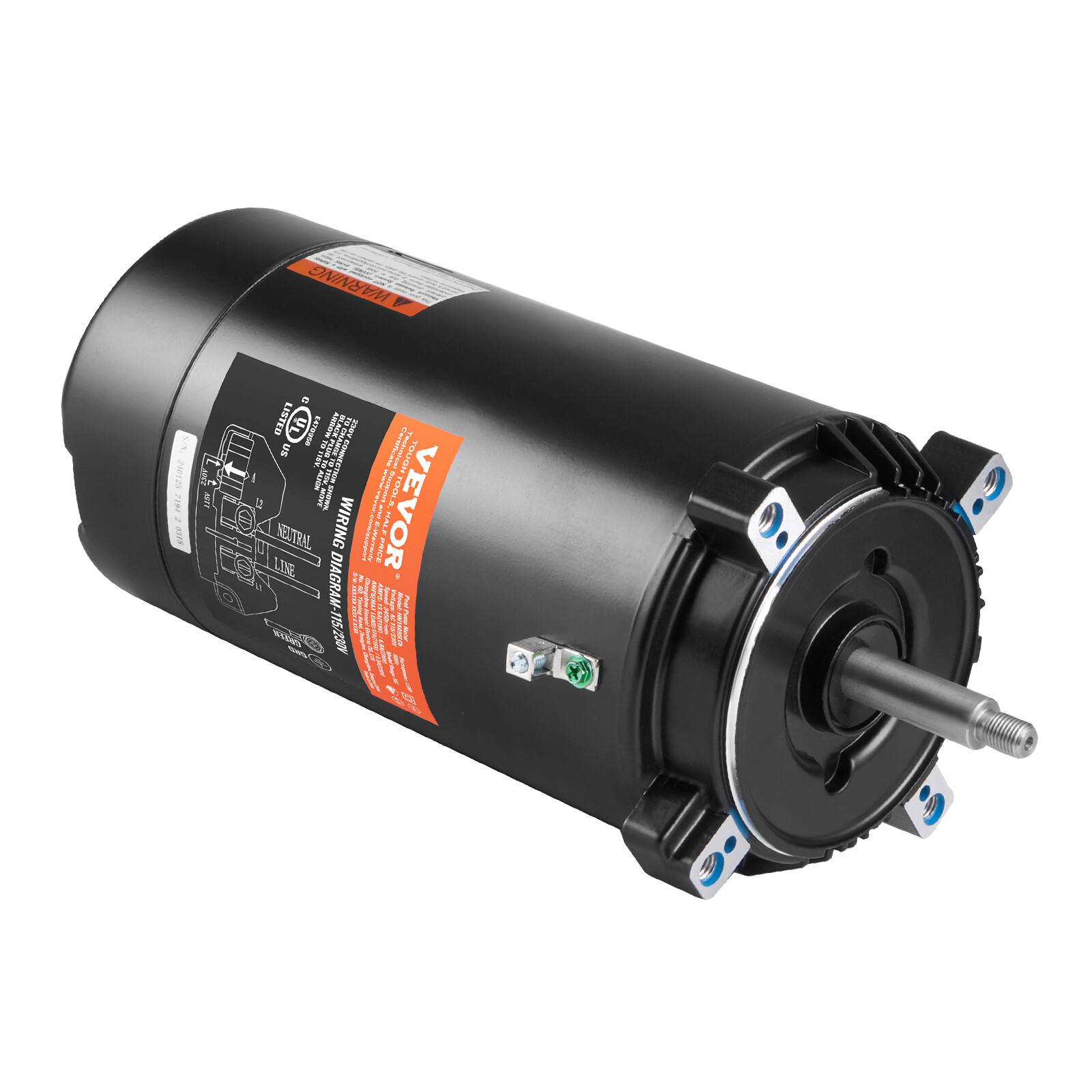 VEVOR Motor Bomba de Piscina 1,5 HP 115/230V 13,6/6,8A 56J Condensador 90μF/250V