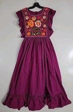 Mexican Hand Embroidered Purple Tunic Dress Floral Sz Medium Sleeveless Ruffled