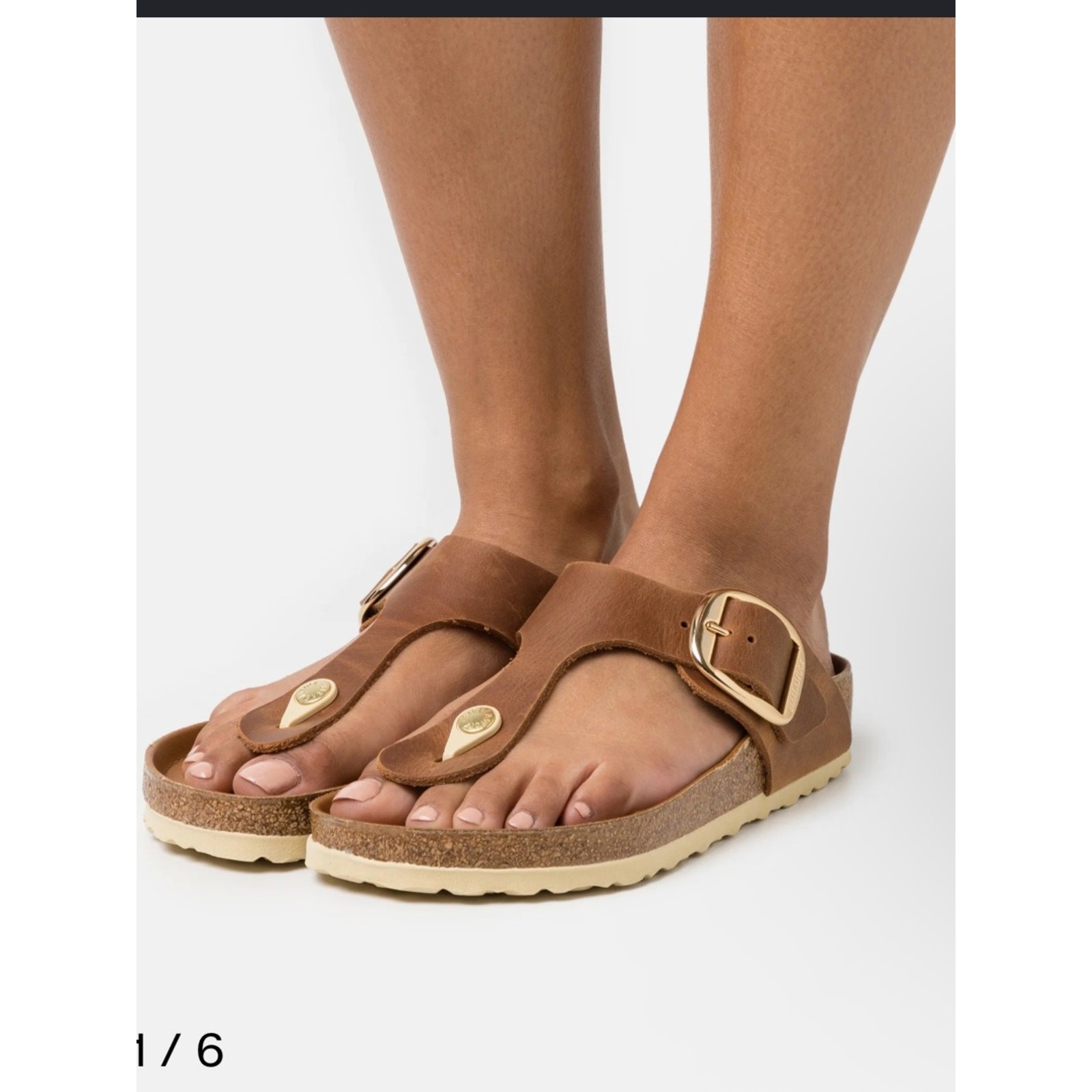 Birkenstocks Big Buckle Gizeh Oiled Leather Cognac Gold Cream Accent Sandal 39