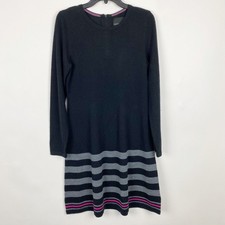 Cynthia Rowley Merino Wool Striped Hem Zip Back Sweater Dress Women Medium Black