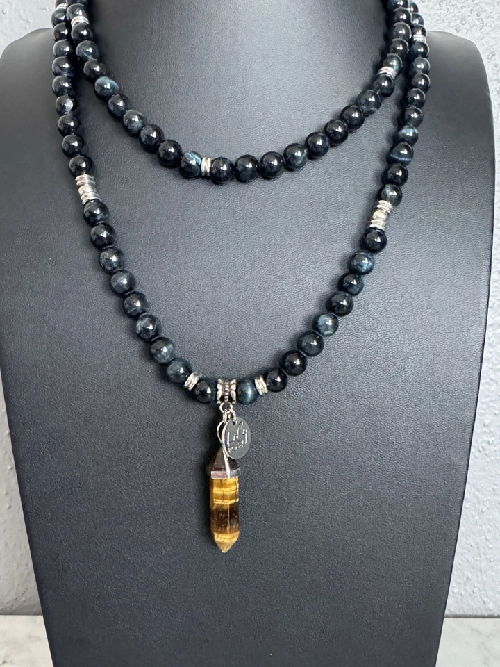 Lily Rose Hand Knotted Stone Stretch Necklace w/ Tigers Eye Charm Pendant 35" - Image 2 of 4