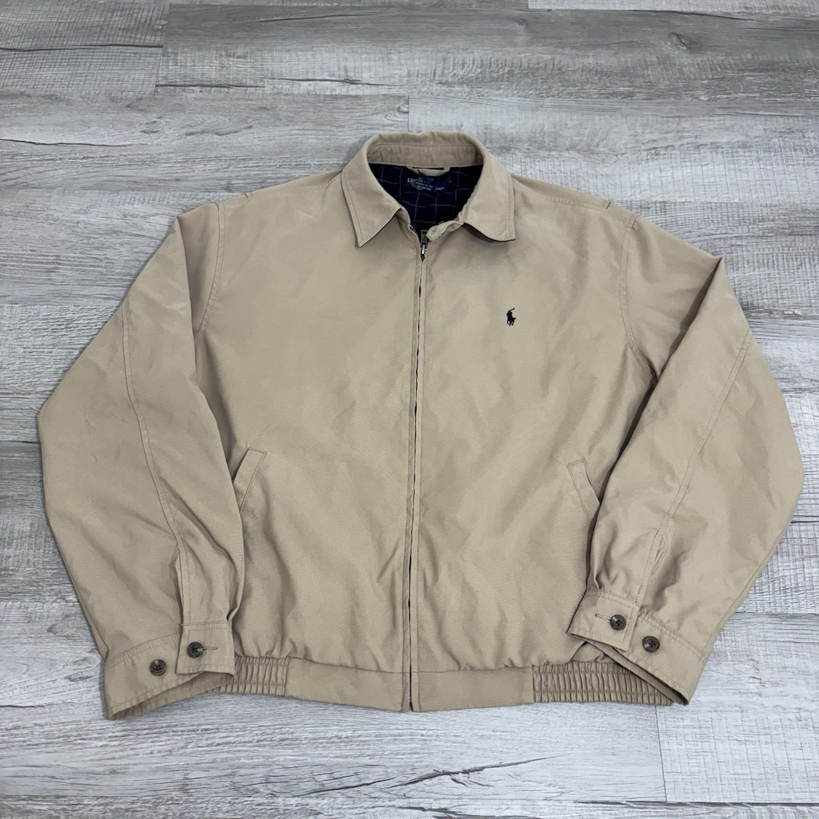 Vintage Ralph Lauren Mens Large Tan Plaid-Lined Zip Harrington Jacket