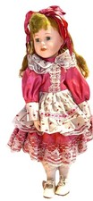 VTG 15” Porcelain Doll With Stand Pink White Dress Strawberry Blonde
