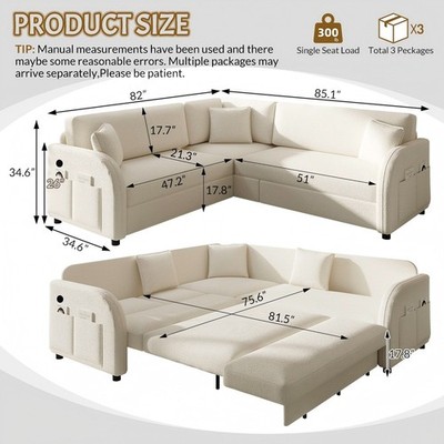 L-Shaped Sofa Convertible Sleeper Sofa King Size Bed Pull Out Sofa Couch Chaise