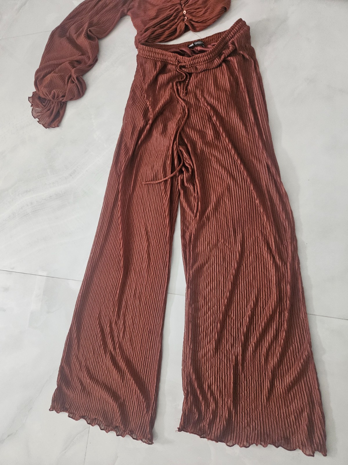 Womens Zara 2pc Brown ribbed Off-Shoulder Crop Top & Wide Leg Pants Lounge Set thumbnail 6