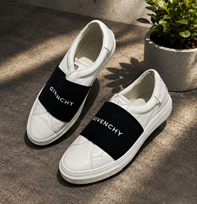 Givenchy Men's Low Top Slip-On Sneakers White Black Elastic Logo Strap