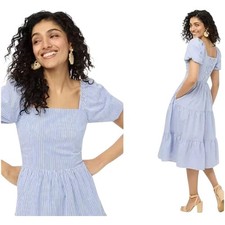 J.Crew Women’s Tiered Midi Dress, Puff Sleeves, Blue/White Pinstripe, Size 18
