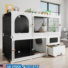 Clear Sliding Door Cat Cage W/ Litter Box Storage Top Ventilated Design New