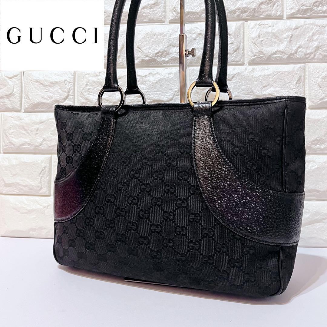 Gucci GG Canvas Black Leather Tote Bag with Silver Hardware Pre-Owned