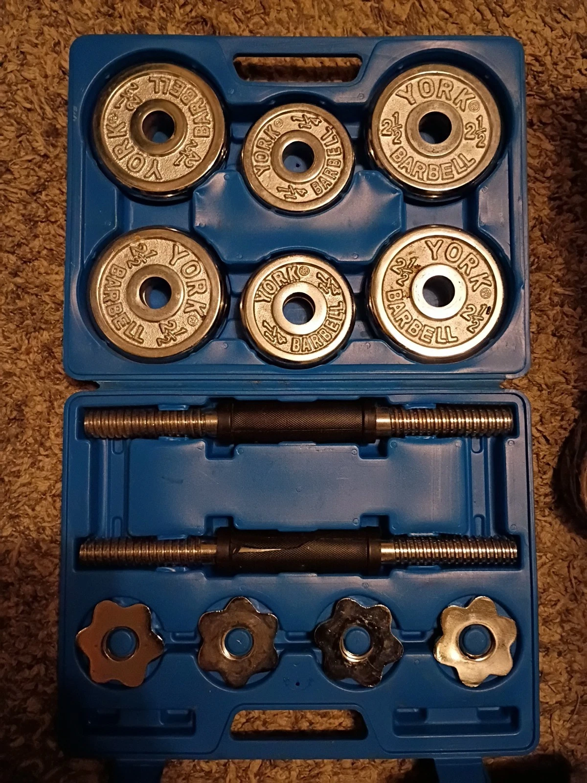 York 30 Lb. Adjustable Dumbbell Set In Hard Plastic Case Preowned Nice Condition