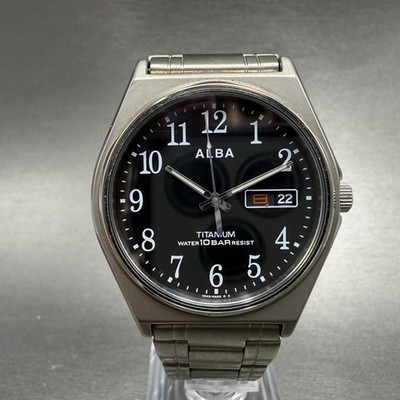 Seiko Alba Watch Men 36mm Black Dial Titanium Daydate VX43-0AG0