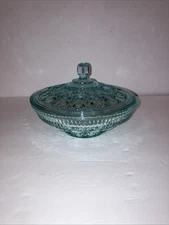 Vintage 70’S Indiana Glass Windsor Button and Cane Ice Blue Covered Candy Dish